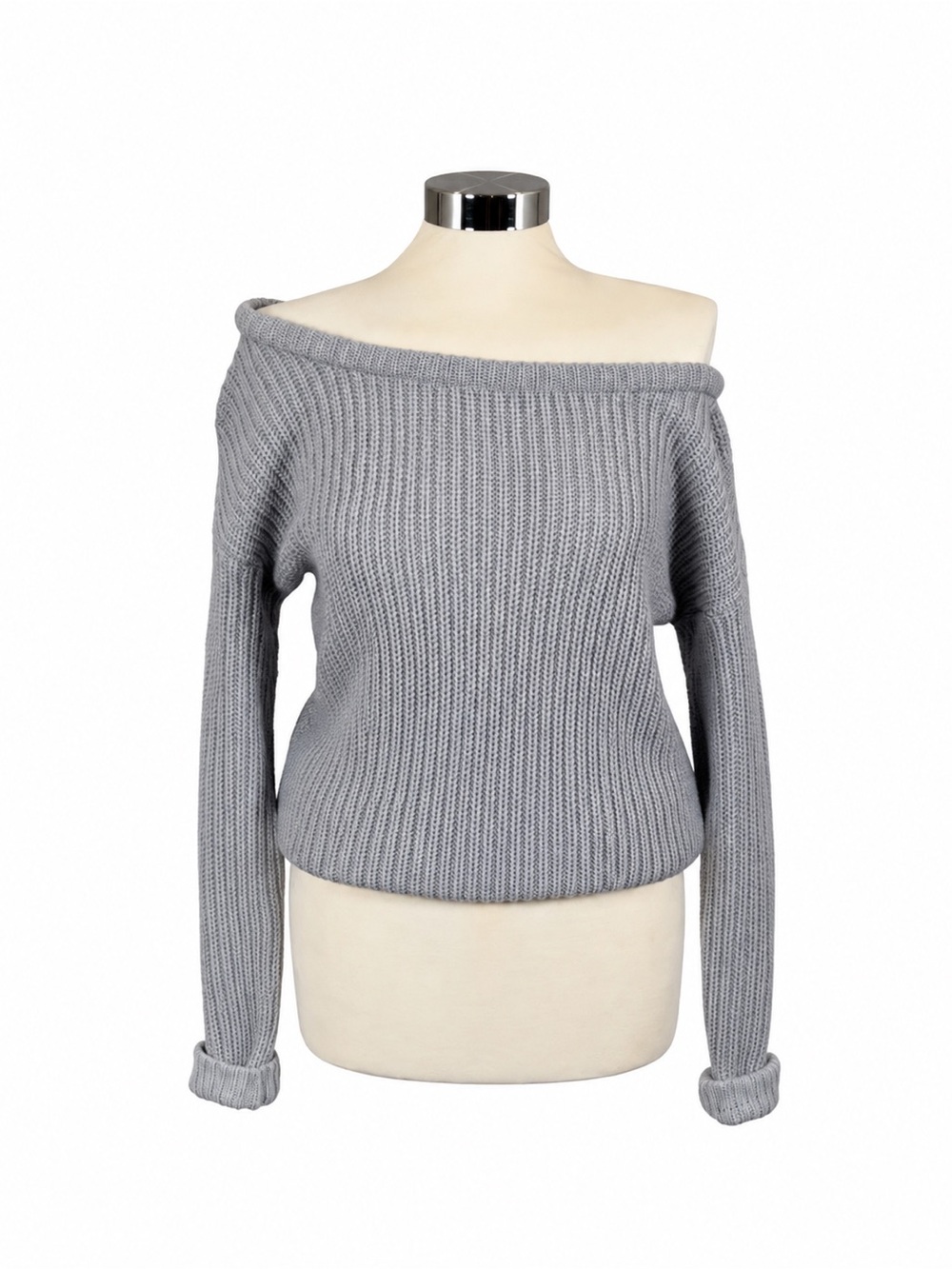 Missguided Off-the-Shoulder Ribbed Sweater in Light Gray